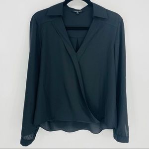 Gianni Bini Drape Front Blouse Black Long Sleeve Open Collar V-Neck Semi-Sheer